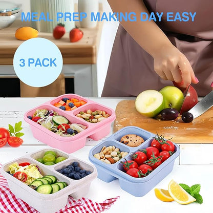 Rinwoc Bento Box [Portion Size], 3 Pack Snack Containers with 3 Compartments for Meal Prep & On-the-Go [School, Travel], Lunchable Container Reusable and BPA-Free