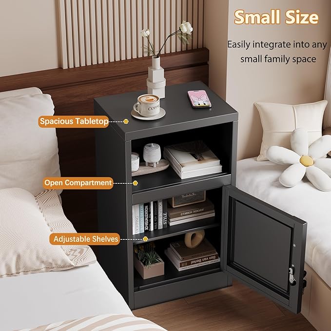 Tokawa Metal Black Locking Nightstand, 27.56" Locker with Magnetic Door and Adjustable Shelve, Small Locker Nightstand, Side Table Storage Cabinets for Bedroom, Living Room, Office