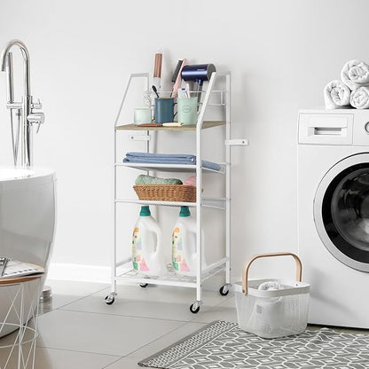 OYEAL White Bathroom Storage Cart Rolling Towel Cart On Wheels Freestanding Bathroom Shelf Unit with Hair Dryer Holder for Small Spaces, Living Room, Kitchen
