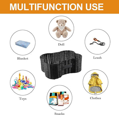 Pet Dog Toy Basket,Dog Bone Shape,Wicker Storage Bin for Dog Cat Toys with DIY Tag,Dog Toy Organizer Holder Boxes for Living Room,Handmade Poly Wicker Basket