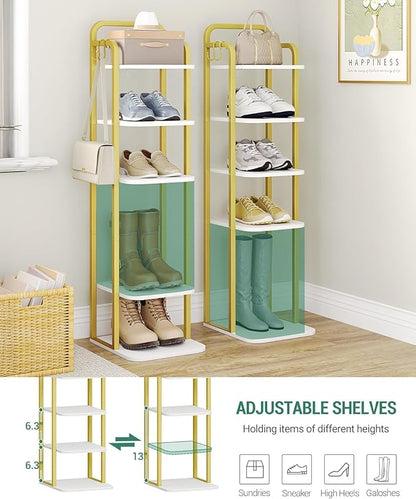 6 Tiers Vertical Shoe Rack, Narrow Shoe Tower, Tall Shoes Shelf with 2 Hooks, Adjustable Shelves, Corner Shoes Shelves for Small Spaces, Entryway, Living Room, White Gold SR04213A