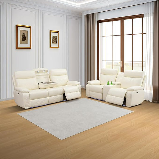 Living Room Furniture Sets with LED, Power Reclining Couch Set for Living Room, Include 1 Loveseat, 3 Seat Sofa, Modern Beige Breathing Leather Recliner Sofa Furniture Set for Home and Office