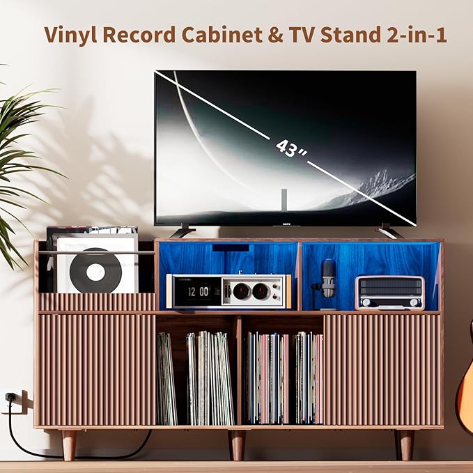 Large Record Player Stand with Power Outlets & LED Lights, Record Player Table Cabinet with Vinyl Record Storage Holds up to 500 Albums, Turntable Stand for Living Room, Bedroom