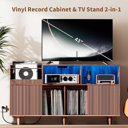 Large Record Player Stand with Power Outlets & LED Lights, Record Player Table Cabinet with Vinyl Record Storage Holds up to 500 Albums, Turntable Stand for Living Room, Bedroom