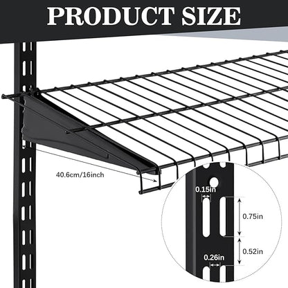 Adjustable Locking Shelf Bracket 16 Inch Shelf Brackets Heavy Duty Wire Shelving Brackets for Deep Wire Shelving Double Track System(Black,6 Pcs)