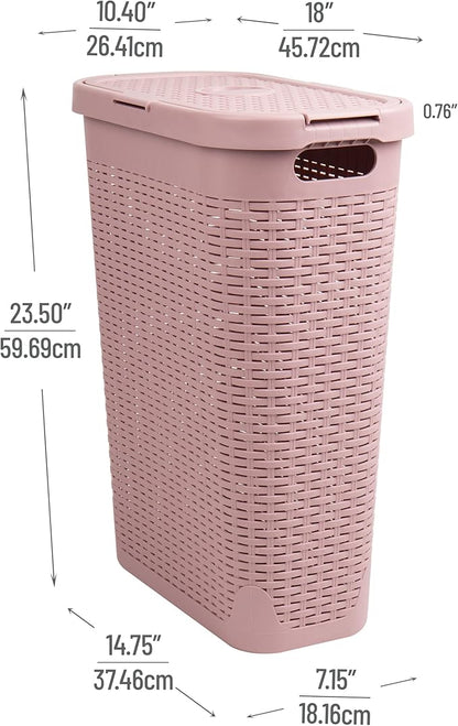 Mind Reader Slim Laundry Hamper with Lid, 40L Clothes Basket, Premium Wicker Design, Plastic, Pink