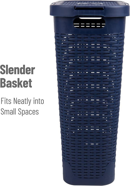 Mind Reader Slim Laundry Hamper with Lid, 40L Clothes Basket, Premium Wicker Design, Plastic, Navy