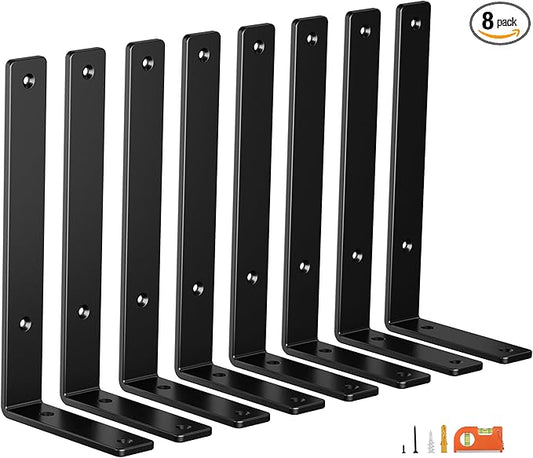 8-Pack 10 Inch Heavy Duty Shelf Brackets, Premium Floating L Bracket for Wall, Kitchen, Mantel Shelves Support | Quarter Inch (1/4") Thick | Black Powder Coated Steel