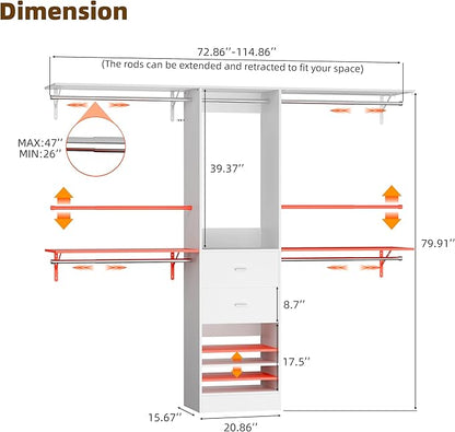 Closet System, Closet Organizer System With 2 Wood Drawers, Walk-In Closet Storage System With 5 Hanging Rods, Adjustable Cloth Garment Rack, Fits Spaces 4 to -9FT, White