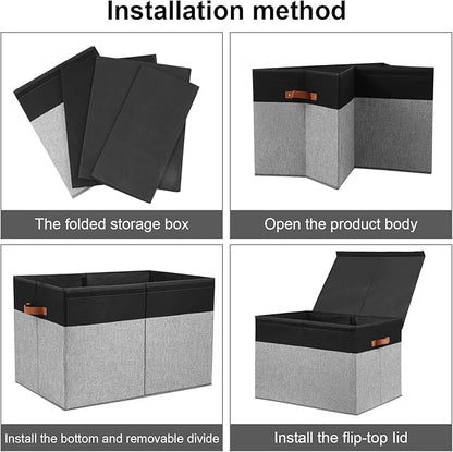 Large Toy Storage Box with Lid, Sturdy Toys Storage Chest Bin Organizer Basket with Dividers for Kids, Boys, Girls, Nursery, Closet, Bedroom, Playroom 26"x17" x17" (Black and Grey)