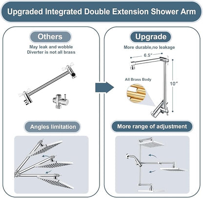 BRIGHT SHOWERS High Pressure Rain Shower Head Combo with Double Extension Arm, 8 Inch Rainfall Shower Head with Handheld Spray, Height Adjustable Dual Square Showerhead Set, Chrome
