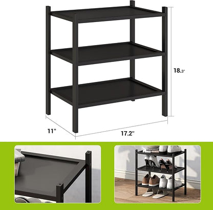 BMOSU 3-Tier Bamboo Small Shoe Rack Premium Stackable Shoe Shelf Storage Organizer for Hallway Closet Living Room Entryway Organizer(Black)