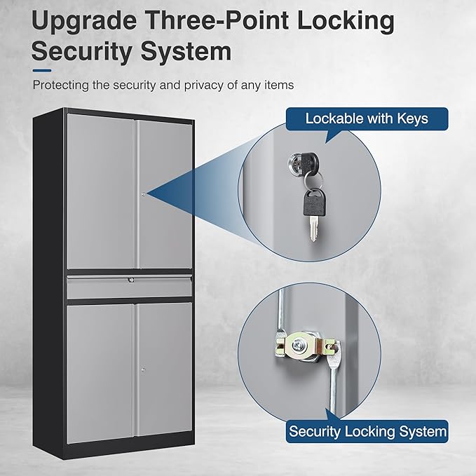 Metal Storage Cabinet with Lock, 71" Tall Garage Storage Cabinets with Doors and Shelves, Lockable Tool Cabinet for Home Office, Garage, Pantry