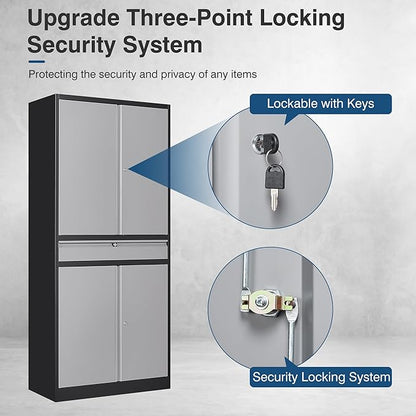 Metal Storage Cabinet with Lock, 71" Tall Garage Storage Cabinets with Doors and Shelves, Lockable Tool Cabinet for Home Office, Garage, Pantry