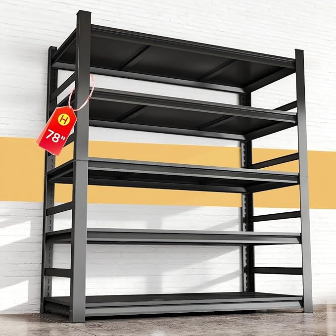 48"W*18"D Garage Shelving Unit, 5-Tier Heavy Duty Metal Shelves with Fences, 3500 lbs Capacity, Adjustable Storage Rack Shelf Organizer for Garage, Basement, Warehouse, Black, 47.2"W X 18"D X 77.4"H
