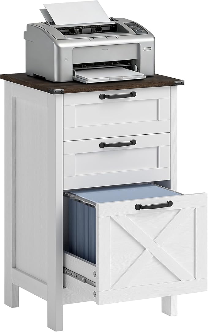 HOMCOM 3 Drawer File Cabinet with Silent Slides, Vertical Filing Cabinet for Hanging A4/Letter Size, Rustic Farmhouse Printer Stand with Storage for Home Office, Distressed White