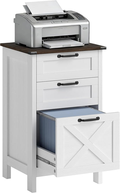 HOMCOM 3 Drawer File Cabinet with Silent Slides, Vertical Filing Cabinet for Hanging A4/Letter Size, Rustic Farmhouse Printer Stand with Storage for Home Office, Distressed White