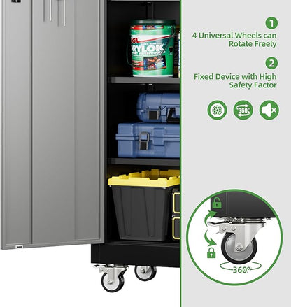 71" H Garage Storage Cabinet with Wheels and Pegboard, Lockable Metal Storage Cabinet with 5 Adjustable Shelves and 4 Hooks for Garage,Warehouse, Home, Assembly Required, Black and Gray