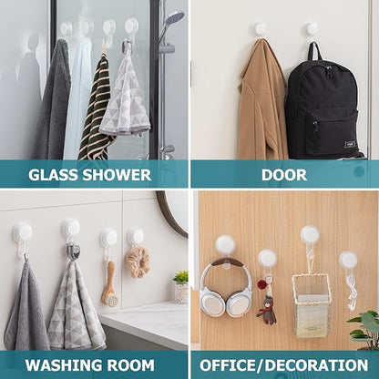 TAILI 4 Pack Powerful Suction Cup Shower Hooks for Towel, Loofah, 360° Rotatable Damage-free Hanging Versatile Wall Hooks for Inside Bathroom, Decoration, Removable Suction Holders, Easy to Use, Clear