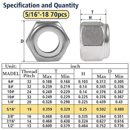 70 Pack 5/16"-18 Inch Lock Nuts,304 (A2-70) Stainless Steel Nylon Insert Locknuts,Standard Inch Thread Nylock Nuts for Bolts