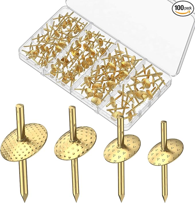 Uniclife 100 Pcs Picture Hangers, Picture Hanging Kit, 4 Size Picture Hanging Hooks, Picture Hanging Nails, Long Picture Hooks for Photo Frame Art Mirror and Décor, Gold
