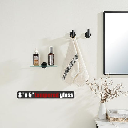 JQK Bathroom Glass Shelf Black, Tempered Glass Shower Storage 8 by 5 inches, 304 Stainless Steel Matte Black Wall Mount 2 Pack, TGS101L8-PB-P2
