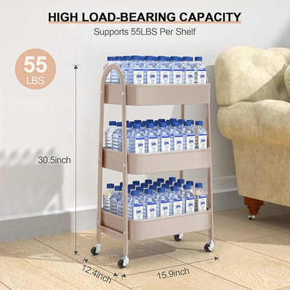 EAGMAK 3 Tier Utility Rolling Cart, Metal Storage Cart with Handle and Lockable Wheels, Multifunctional Storage Organizer Trolley with Mesh Baskets for Kitchen, Living Room, Office, Garage (Beige)