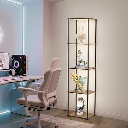 Tall Display Shelf with Lights, Dimmable LED Display Cases for Collectibles, Curio Cabinet with Adjustable Color Temperature, 5-Tier Corner Bookshef with Light, Floor Lamp with Shelves for Living room