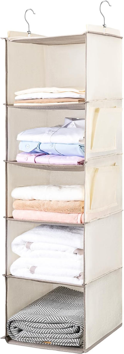 BOOMIBOO Hanging Closet Organize and Shelves，5-Hanging Shelf with 2 Side Pockets，Storage Foldable （2 Pack ，Beige）