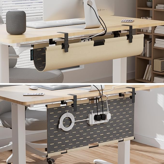 No Drill Under Desk Cable Management Tray, 30" Large Felt Cord Organizer with Pegboard-Style Design, Power Strip Holder, Privacy Panel for Standing Desk & Home Office, Clamp/Screw Mount (Khaki/Gray)