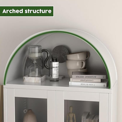 72.83" H Metal Arch Display Bookcase Cabinet, with Glass Doors and 2 Adjustable Shelves, Kitchen Pantry Cabinet for Home, Office,Assembly Required, White
