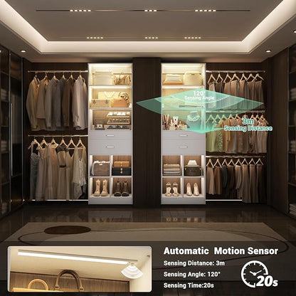 Closet System, 4-8 FT Closet Organizer with Smart Sensor Lights, 2 Wooden Drawers and 5 Hanging Rods, Can Fit 60 to 96 inch Walk-in Closet System, White