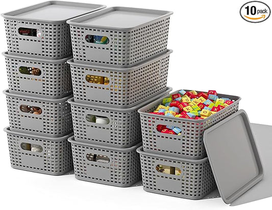 Plastic Storage Basket with Lids 10 Pack Stackable Storage Bins Containers with Lid, Decorative Storage Boxes for Organizing Shelves, Drawers, Playroom, Classroom, Office, Closet, Grey