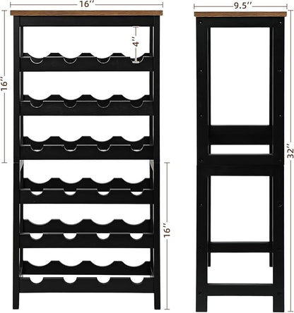 VASMIA Wine Rack Freestanding Floor, 6 Tier Bamboo Wine Storage Shelves with Table Top, 24-Botttle Wine Rack Shelf for Kitchen Bar Dining Room Living Room, Rustic Brown and Black