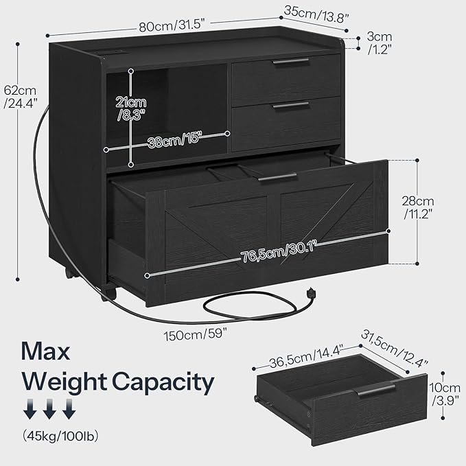 HOOBRO Lateral File Cabinet, Wooden Office Storage Drawers with Charging Station, Filing Cabinet for Home Office, A4/Letter/Legal-Sized Files, Printer Stand with Open Storage Spaces, Black BB37UWJ01