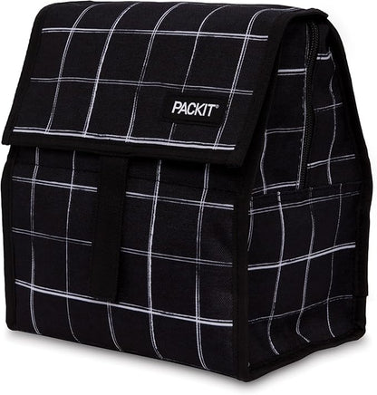 PackIt® Freezable Lunch Bag, Black Grid, Built with EcoFreeze® Technology, Foldable, Reusable, Zip and Velcro Closure with Buckle Handle, Designed for Work Lunch and Fresh Lunch On the Go