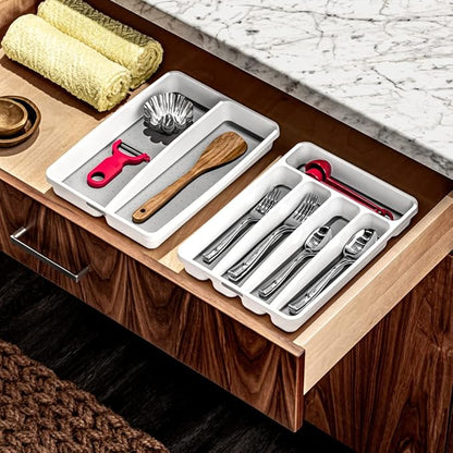 madesmart Premium Small Silverware Tray, Compact 5 Compartment Flatware Organizer for Forks, Knives & Spoons, Non Slip, Soft Grip Lining, Fits Small Drawers, White
