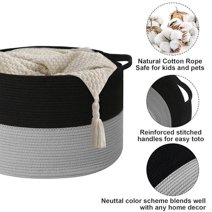 90L Large Blanket Basket,21.7"L x 21.7"W x 13.8"H Rope Woven Baskets with Handles, Toys Storage Bins,Laundry Basket Perfect for Living Room, Nursery,Bedroom,Home Organization,Black&Light Grey