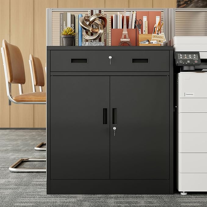 BESFUR Metal Garage Storage Cabinet with One Lockable Drawer 2 Locking Doors and an Adjustable Shelf, 36" Black Metal Short Storage Cabinet for Home Office,Garage,School,Utility Room