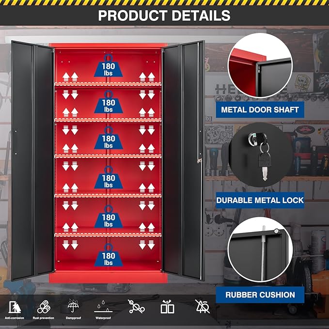 Metal Storage Cabinet-71” Tall Steel File Cabinets with Lockable Doors and Adjustable Shelves-Black&Red Steel Storage Cabinet for Home, School, Office, Garage
