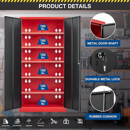 Metal Storage Cabinet-71” Tall Steel File Cabinets with Lockable Doors and Adjustable Shelves-Black&Red Steel Storage Cabinet for Home, School, Office, Garage