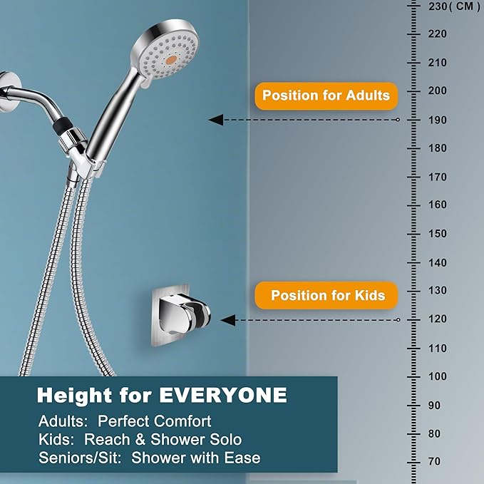2 Pack No Drilling On Wall Mounted Shower Bracket for Handheld Shower Head, Strong Self Adhesive and Waterproof Shower Head Holder Adjustable to Meet Any Space Bathroom, Chrome