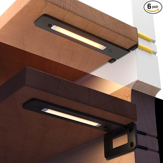 LEOPO Openwork 10 Inch 6-Pack Heavy-Duty Shelf Brackets, 1/5'' Thick Carbon Steel, Built-in LED Lights (3000K Warm White with Remote), 200LBS Load Capacity for Kitchen, Bookshelf, Display Case