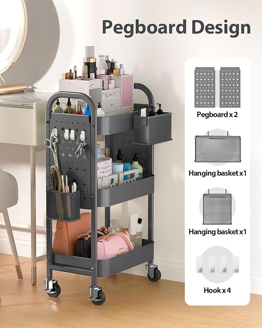 ALVOROG 3 Tier Rolling Cart with DIY Pegboards Metal Utility Cart with Wheels Handles Baskets Hooks, Storage Cart for Office Kitchen Bathroom(Gray)