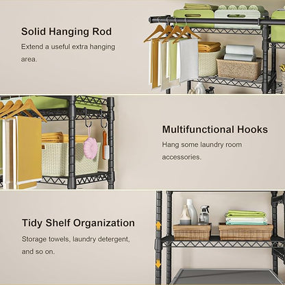 Ulif U13 Over Washer and Dryer Storage Shelves, 6 Tiers Laundry Room Standing Shelf with 2 Hanger Rods, Space Saver Clothes Drying Rack, 63.4" W x 22" D x 77.4" H, Black