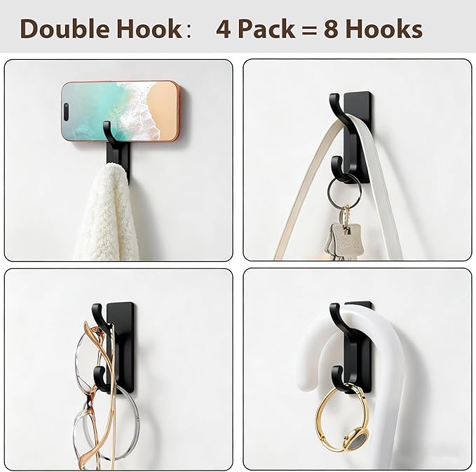 pickpiff Wall Hooks with Adhesive Strip - Easy to Remove, No Residue, Strong Heavy Duty Sticky Towel Hook, 8 Pack Black