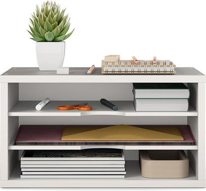 Ballucci File Organizer, 3-Tier Document Paper Sorter, Stackable Wood Desk Organizer, Mail Sorter and Monitor Stand with Storage Shelves, White