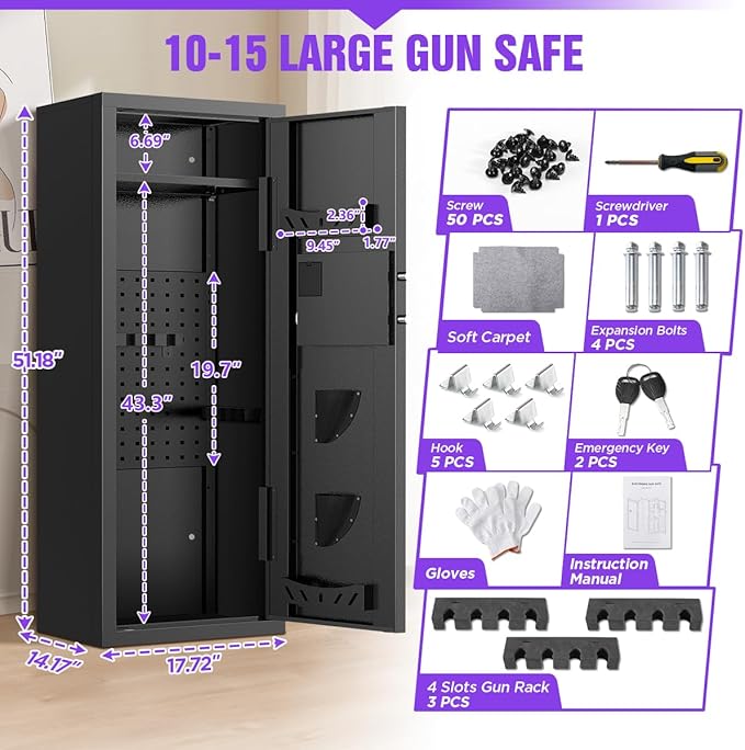 10-15 Gun Rifle Safe for Home Security, Gun Safe for Rifles and Pistols - Quick Access Digital Keypad | Easy Assembly Gun Safe with Adjustable Shelves (Fits Shotguns & Ammo)