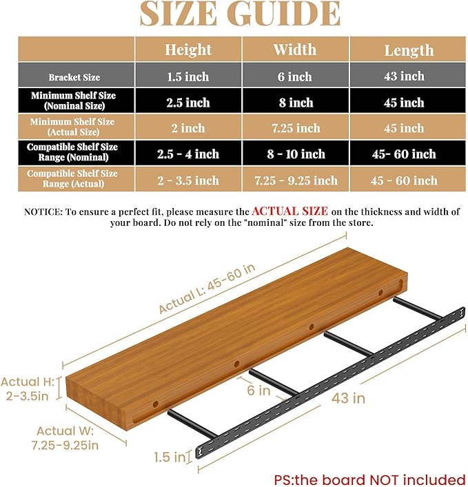 1 Pack Large Shelf Brackets Long Floating Shelf Bracket Invisible Floating Shelf Hardware Heavy Duty Floating Mantel Brackets(43"X6"X1.5" with Tools)