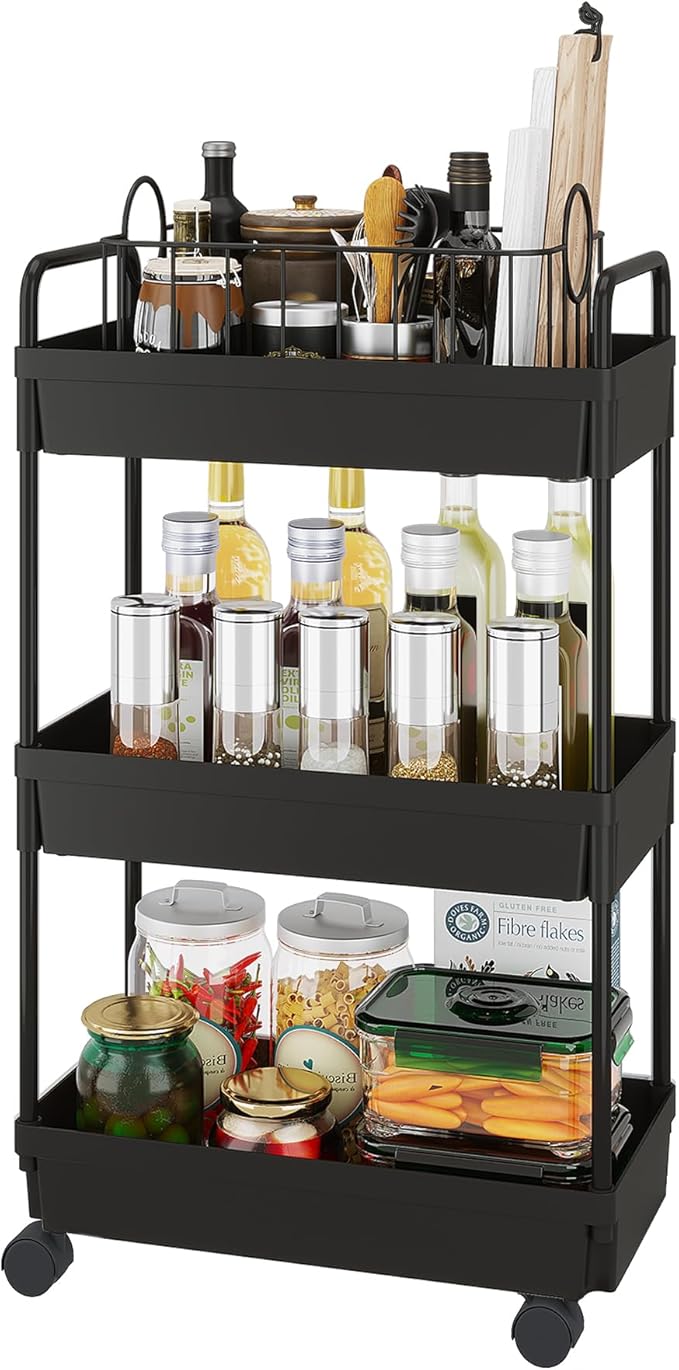 Buzowruil Rolling Storage Cart 3 Tier Organizer Mobile Shelving Unit Storage Rolling Utility Cart with Wheels for Kitchen Bathroom Laundry,Black
